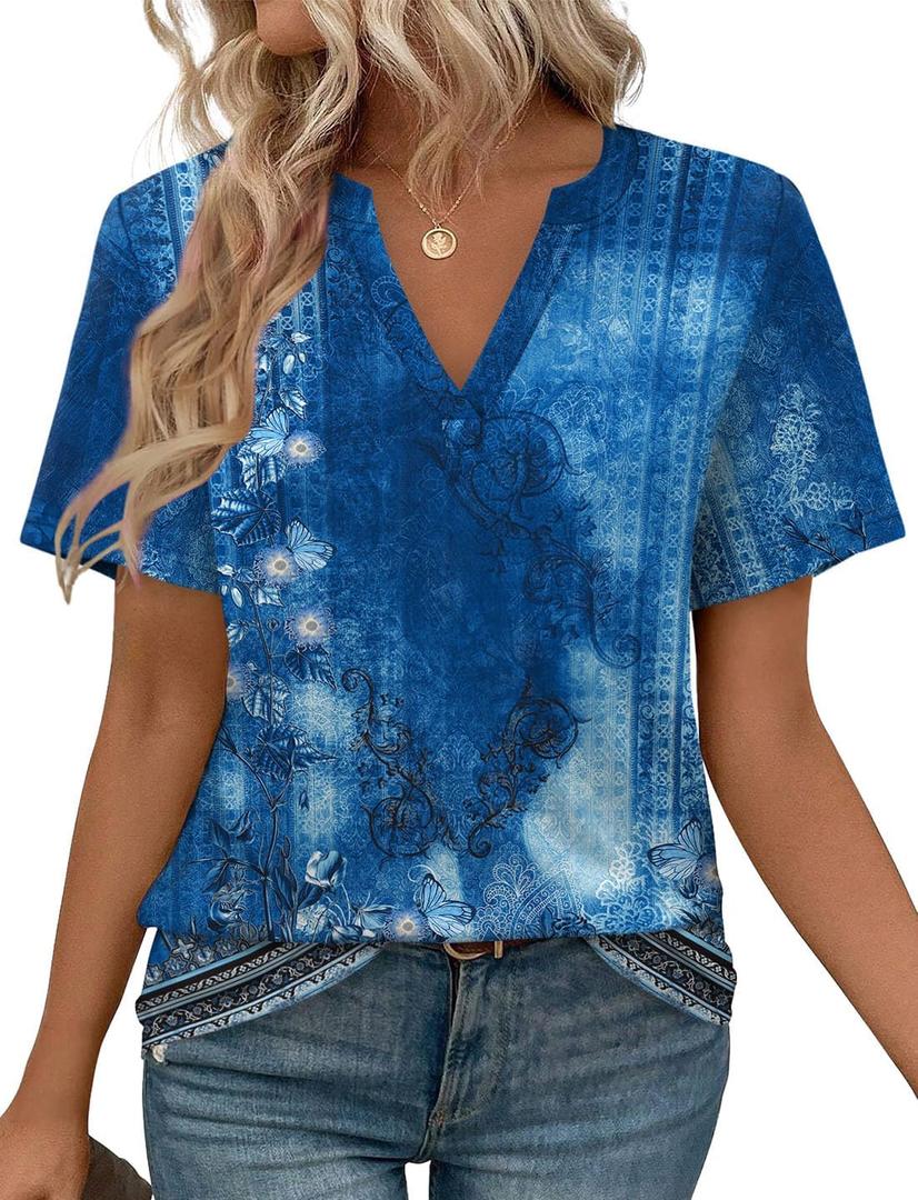 WEESO Womens Tops Summer Short Sleeve V Neck Blouses Business Casual Loose Fit Tshirts Trendy Fashion Outfits (L)