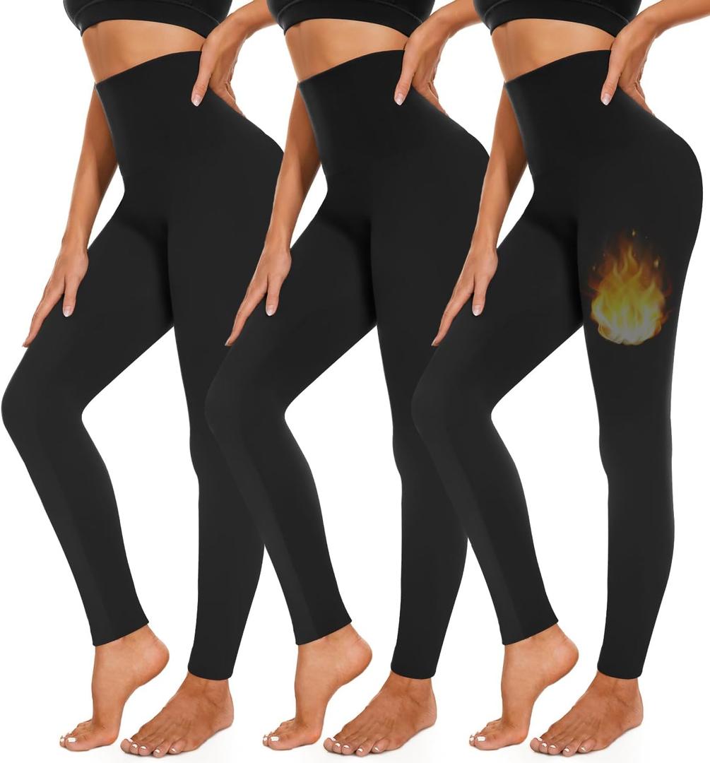 3 Pack Fleece Lined Leggings Women High Waisted Warm Winter Yoga Pants for Women Thermal Running Workout Leggings, Large-X-Large