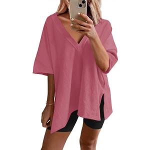 Ekouaer Womens Pajamas 2 Piece Lounge Sets Oversized V Neck T-Shirts Tops Biker Shorts Set Workout Reversible Tracksuit  (Large, Peach Pink)