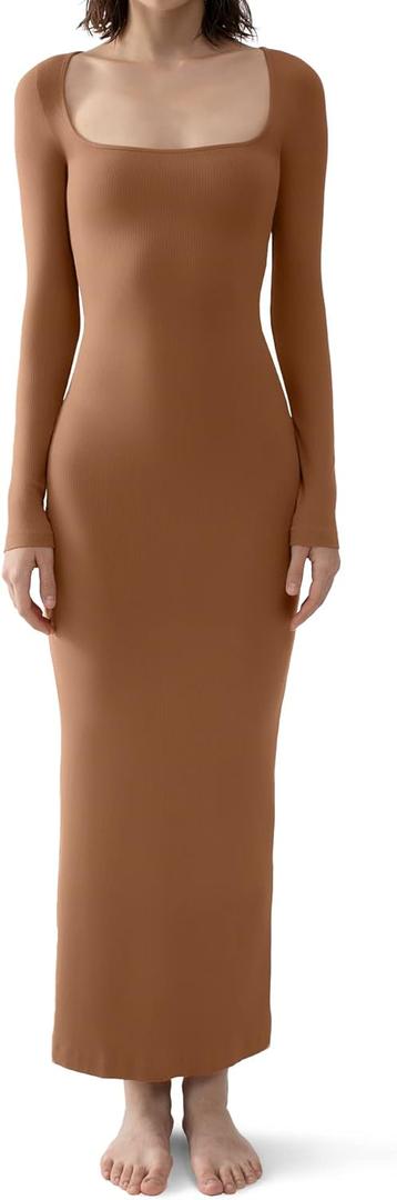 PUMIEY Women's Square Neck Long Sleeve Maxi Dress Ribbed Bodycon Dresses for Women Soft Lounge Dress (Medium, Caramel)