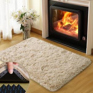 2x3 Rugs for Bedroom, Fluffy Area Rugs for Living Room, Soft Shag Kids Rug Small Carpet with 4 Non-Slip Rug Pads (Light Tan, 2ft x 3ft)