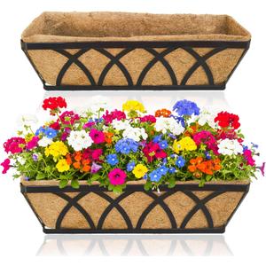 2 Pack 30 Inch Window Box Deck Railing Planter with Coco Liner Fence Balcony Patio Long Window Flower Box Deck Railings Hanging Horse Trough Balcony Garden Rail for Outdoor Garden Fence Lawn
