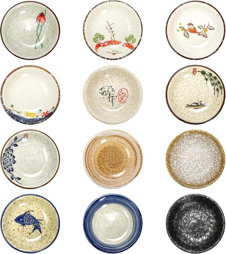12 Pieces Japanese Sauce Dishes, 2 Oz Round Ceramic Side Dish Set, Small Seasoning Soy Dipping Bowl Plate for Sushi, Snack, Appetizer and Kitchen Prep, Assorted Color