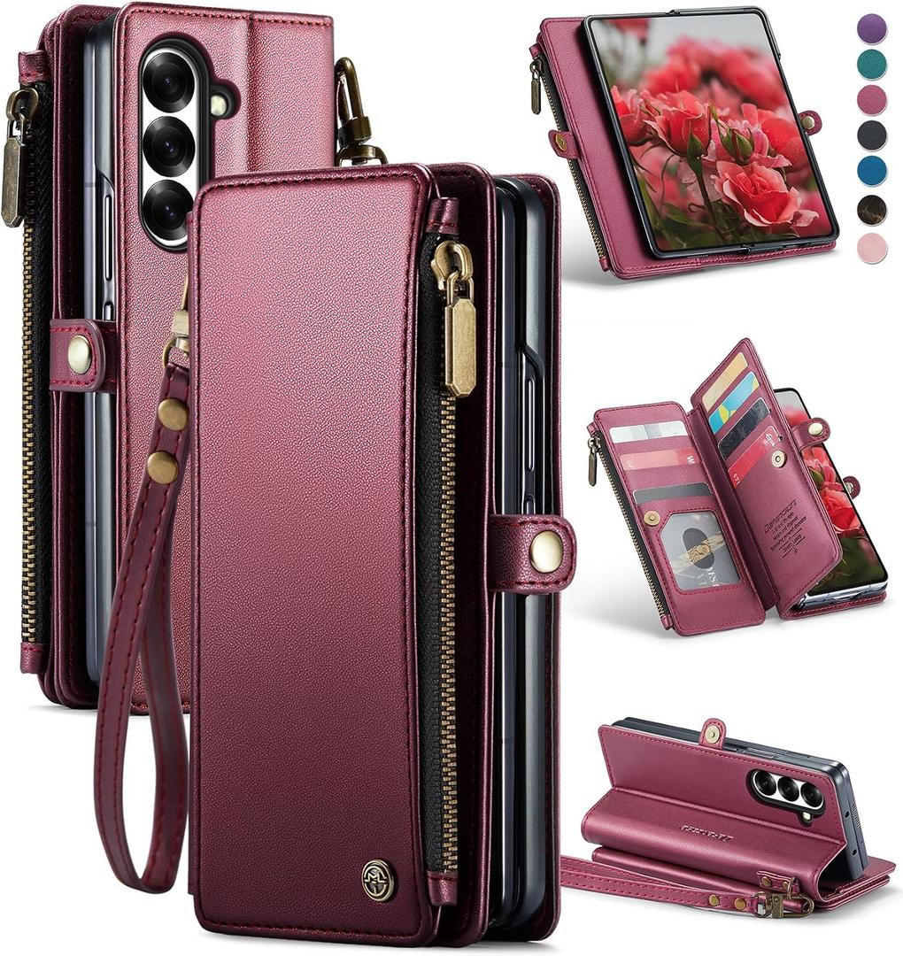 Defencase for Samsung Galaxy Z Fold 7/ Fold7 Wallet Case with RFID Blocking 10-Card Holder, Fashion Soft PU Leather Magnetic Snap Flip Zipper Wrist Strap Phone Case for Galaxy Z Fold 7 5G, Wine Red