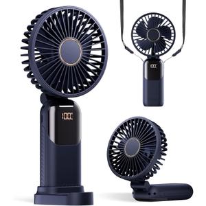 GOCKERA Portable Fan, 4200mAh Battery Operated Fan, 5 Speeds&Digital Display, Makeup Fans for Women with Base, 180Foldable 3in1 Handheld/Neck/Desk Fan for Outdoor Indoor,Ultra Quiet (Blue)