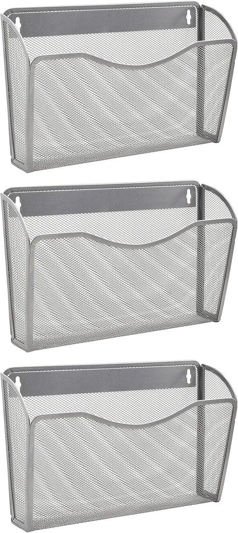 EASEPRES 3 Single Pocket Mesh Hanging File Organizer, Vertical Wall Mounted Magazine File Holder, Mount Basket Mail Paper Document Folder Organizing for Office, Home and School, Silver