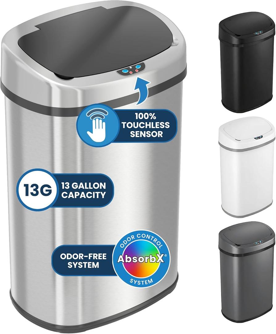 iTouchless 13 Gallon Oval Sensor Can with Odor Filter, 50 Liter Automatic Kitchen Garbage Bin, Fingerprint-Proof Stainless Steel, Smart Hands-Free Motion Lid, Quiet Soft-Close, Brushed Silver (Light Silver, Black)