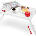 Mayyol Large Breakfast Bed Tray for Eating - Height Adjustable Raised Food Table - Bamboo Serving Tray on Lap Sofa - Portable Snack Platter with Folding Legs Ideal for Bedroom Picnic - White