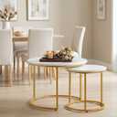 Round Nesting Coffee Table Set of 2, Modern Marble Pattern Wooden Nesting Tables, Stacking Minimalist End Table for Living Room Bedroom Small Space, White and Gold, Height: 72.39 cm