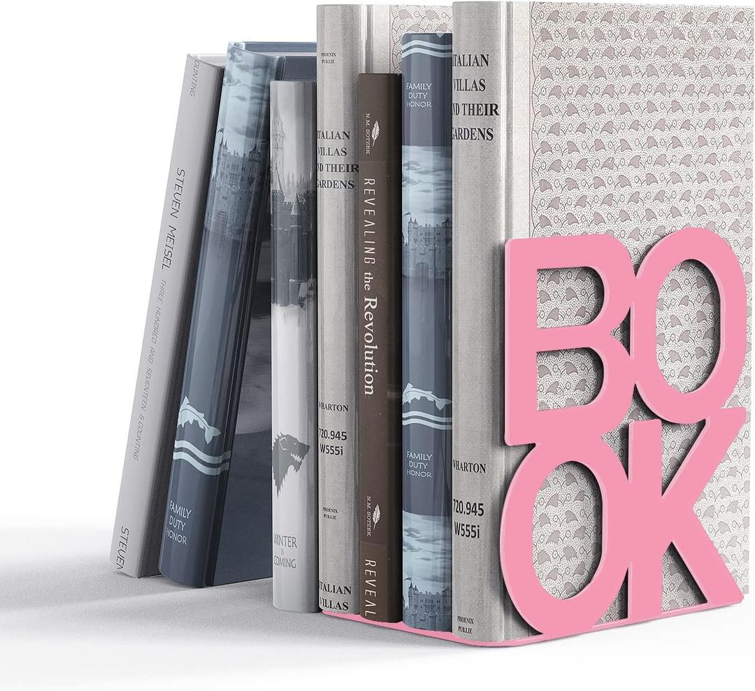 Book Ends - Decorative Metal Book Ends Supports for Bookrack Desk,Books, Unique Appearance Design,Heavy Duty (Pink, 4 Pair)