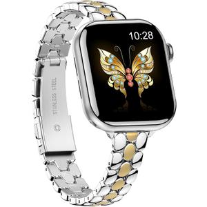 Deczone Narrow Metal Band Compatible with Apple Watch Bands 38mm 40mm 41mm 42mm 44mm 45mm 46mm 49mm, iwatch Thin Stainless Steel Bands Series 11 10 9 8 7 6 5 4 3 2 1 SE Ultra for Women (Silver Gold)