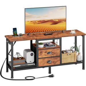 Furologee TV Stand with Power Outlets and 2 Fabric Drawers, 42 Inch Small Entertainment Center with Open Storage Shelves, Simple TV Console Table for Bedroom, Living Room, Rustic Brown (42 Inch with Power Outlets)