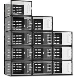 SEE SPRING Shoe Storage Boxes, White Plastic Stackable Shoe Organizer for Closet, Shoe Rack & Holder Sneaker Container, 12 Pack Black