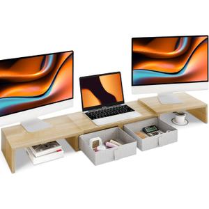 TEAMIX Dual Monitor Stand Riser - Length and Angle Adjustable White Monitor Stand with 2 Drawers to Storage Large Computer Riser for 2 Monitors/Laptop/PC, Wood Screen/TV Stand Desk Organizer (Maple)