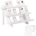 51pcs Wood Tiered Earring Display Stand, 3-Tier White Retail Jewelry Card Display With Groove + 50 Earring Cards, Portable Ring Organizer Holder, Showcase Racks for Business Has Damage