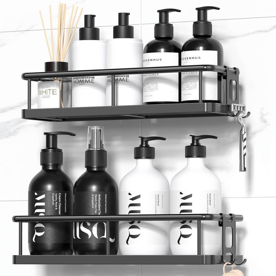 YASONIC Shower Caddy Adhesive, Rustproof Shower Shelves for Inside Shower, Large Capacity Bathroom Organizers and Storage, Shower Storage with Removable Hooks, No Drill Bathroom Accessories Black (2 Pack)