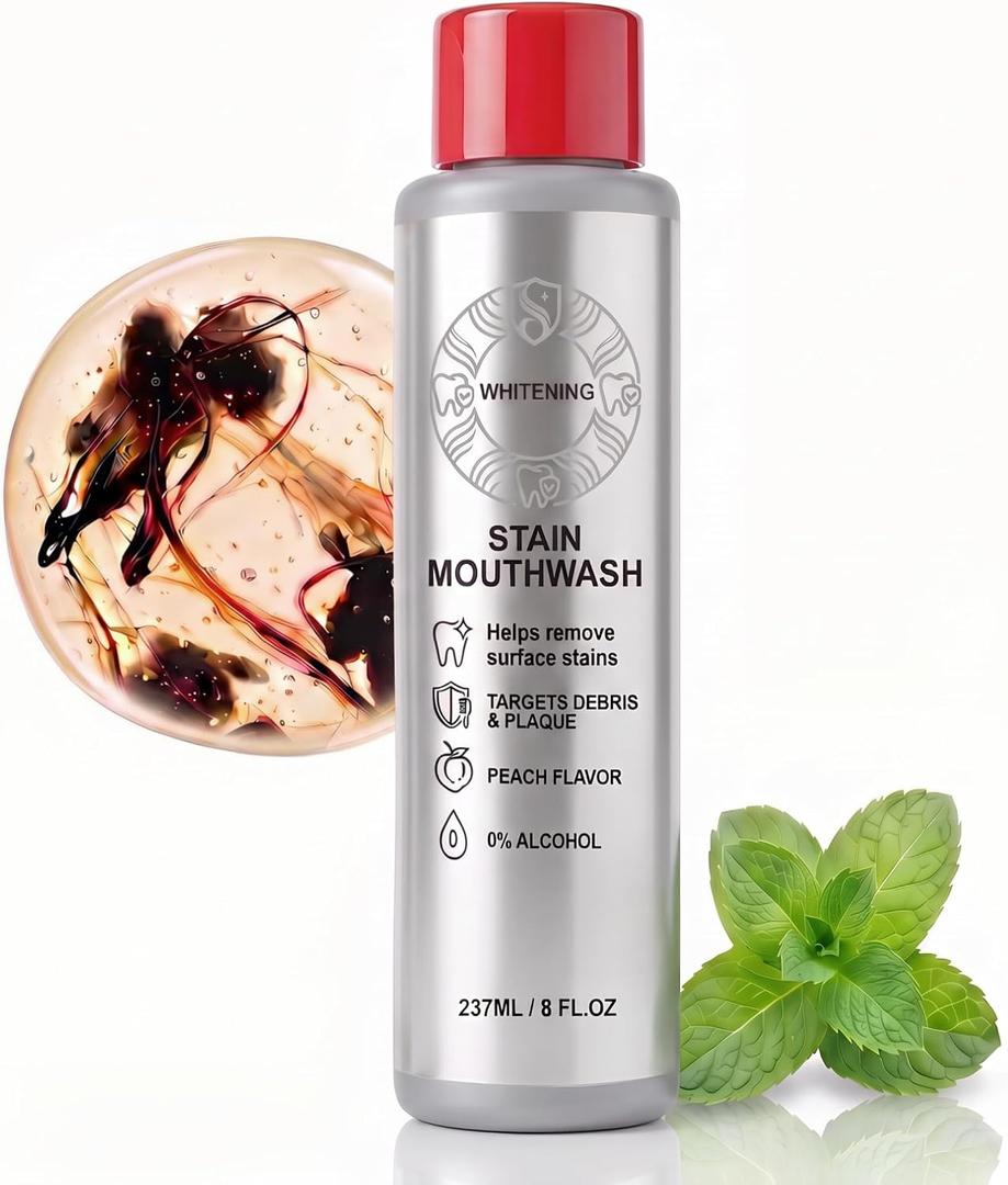 Stain Whitening Mouthwash, Alcohol-Free Gunk Removing Mouthwash, with Hydrogen Peroxide & Essential Oils for Fresh Breath, Whiten Teeth, Gentle Build-Up Control for Coffee & Tea Drinkers 237ml