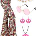 SATINIOR 6 Pcs 60s 70s Hippie Costume for Women Disco Outfits Flared Pants Boho Peace Sign Necklace Earrings for Mardi Gras (Large)