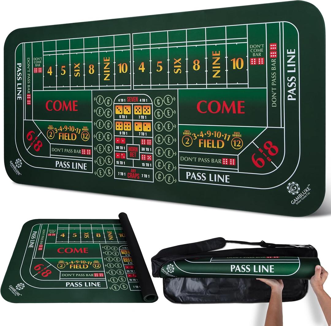 70"X35" Double Dealer Craps Table Top Mat - Smooth, Durable Edge-Stitched 3mm Rubber Craps Mat, Non-Slip, Water-Resistant, Portable Zippered Carry Bag, Craps Game Mat for Party & Casino Night (Green) 70"X35" Double Dealer Craps Table Top Mat - Smooth, Durable Edge-Stitched 3mm Rubber Craps Mat, Non-Slip, Water-Resistant, Portable Zippered Carry Bag, Craps Game Mat for Party & Casino Night (Green)