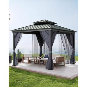 GarveeLife Hardtop Gazebo 12 ft x12 ft for All Weather, with Double Metal Roof, Aluminum Alloy Frame, Net, and Curtain, Permanent Building for Patio, Deck, Backyard, Lawn, and Garden