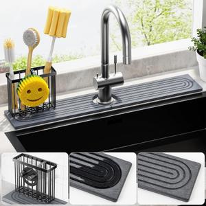 Cisily Diatomite Faucet Mat for Kitchen Sink Protectors with Dish Brush Holder-Absorbent Drying Counter Stone Water Splash Guard Area, Behind Kitchen Sink Caddy Organizers Decor Accessories Organizer (Gray)