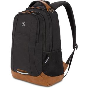 SWISSGEAR Cecil 18-Inch Laptop Backpack Fits 16-Inch Laptop, Travel Daypack with Organizer Pockets, Water Bottle Holders & Padded Straps  Black Canvas/Brown