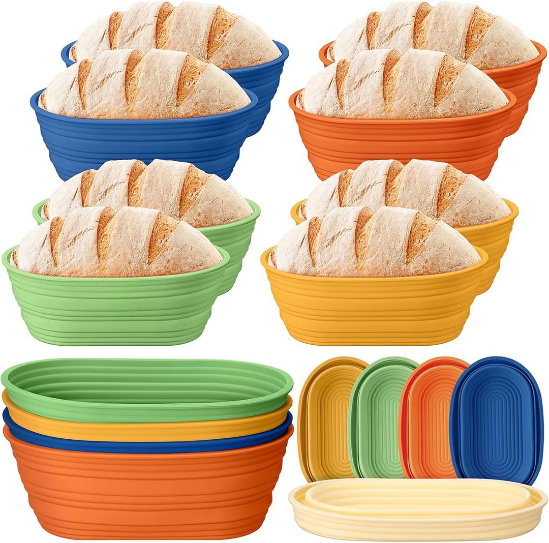 Honeydak 4 Pcs Silicone Bread Proofing Baskets Oval Banneton Basket 10" Collapsible Sourdough Bread Baking Supplies Non-stick Dough Proofing Bowls Container Oven Safe for Breads Making (Retro Color)