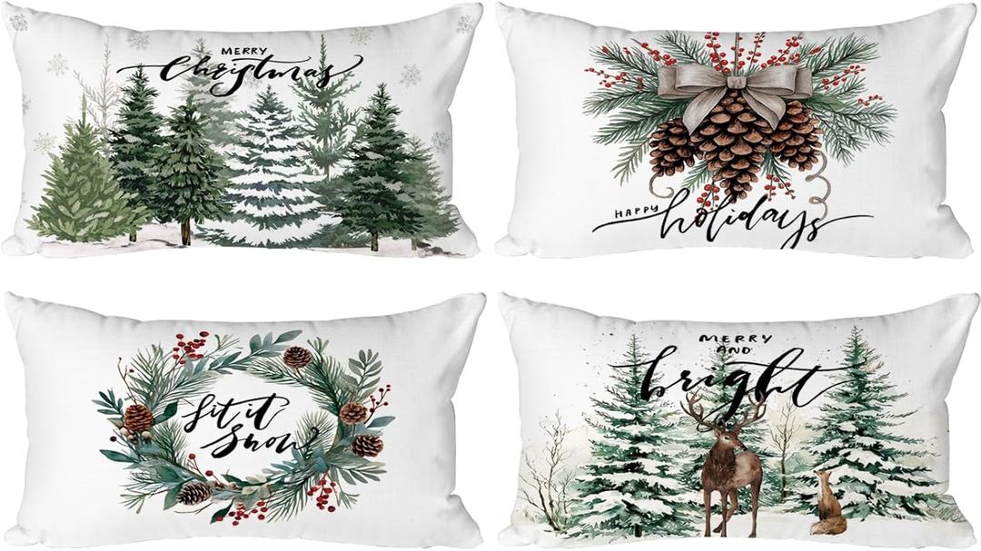 Lanpn 14x24 Christmas Throw Pillow Covers Set of 4, Plaid Christmas Lumbar Pillow Covers Elk XmasTree Wreath Decorative Pillowcases Xmas Cushion Covers for Indoor Home Living Room Sofa Decor