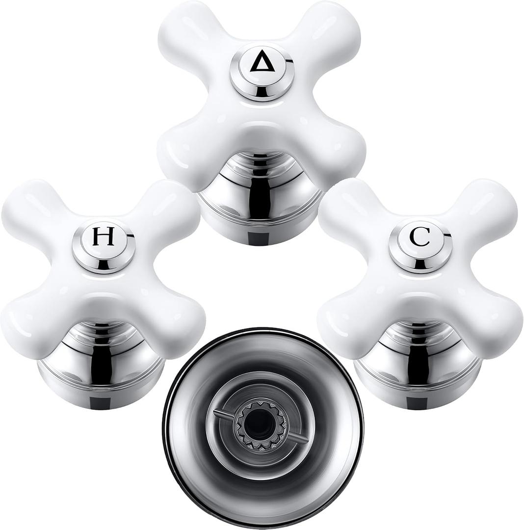 Enhon 3 Pcs Handle Set, Compatible with Price/Pfister Shower Valve, Hot Cold and Diverter Handle, Fits 12 Point Broach Stem, Chrome Finish White(Cross Arm)