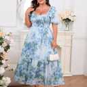 Women's Plus Size Floral Maxi Dress Puff Sleeves Cottagecore Corset Dresses Flowy Smocked Formal Casual Party Wear (Large, Blue)