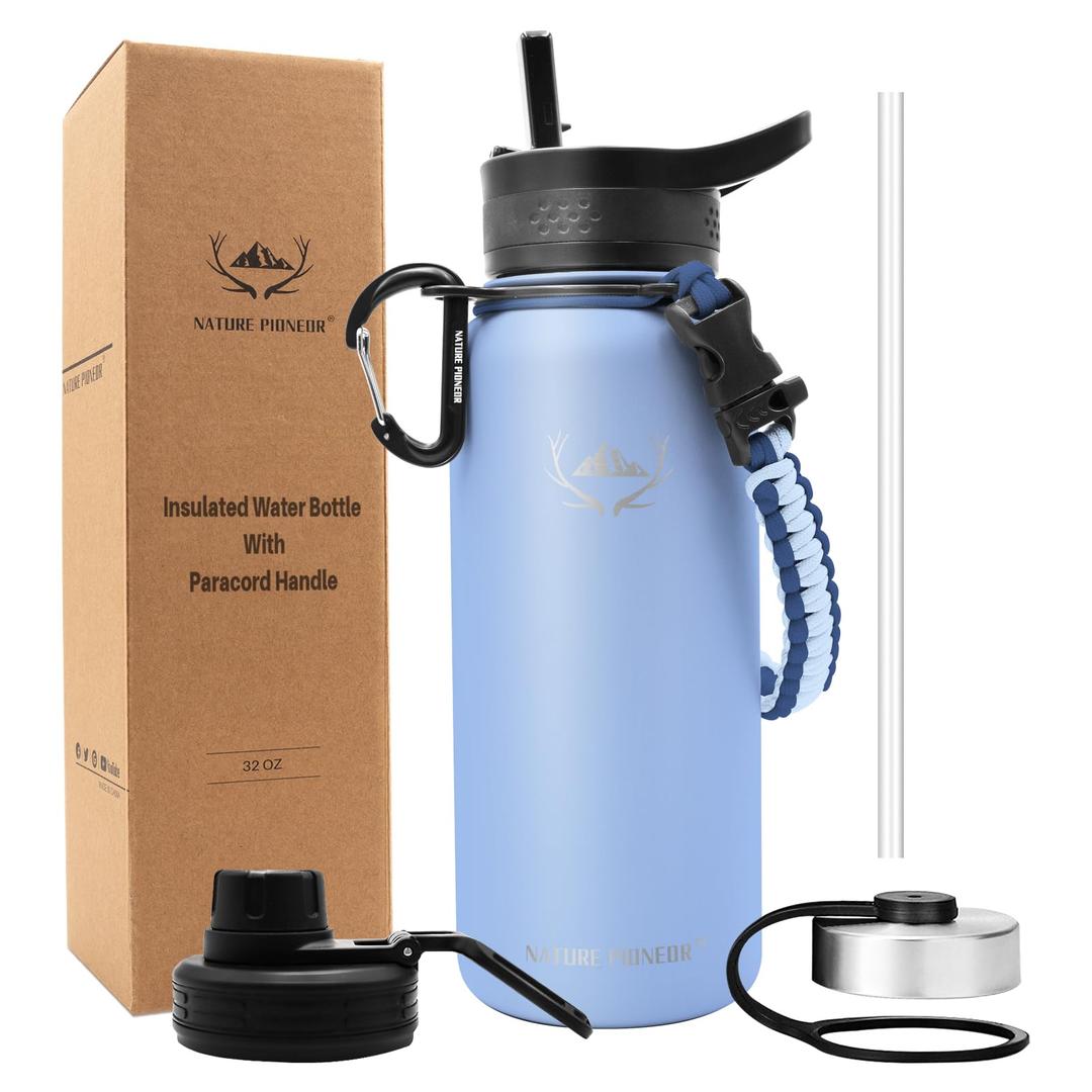 NATURE PIONEOR Insulated Water Bottles with Paracord Handle - 32 oz Vacuum Sports Wide Mouth Water Bottle with 3 Lids, Leak Proof Stainless Steel Keeps Hot and Cold