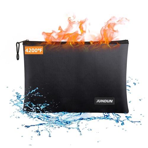 JUNDUN Fireproof Document Bags, 14.2”x 10.0”Waterproof and Fireproof Money Bag with Aluminum Foil Lining, Fireproof Safe Storage Pouch with Zipper for Document and Cash, Black
