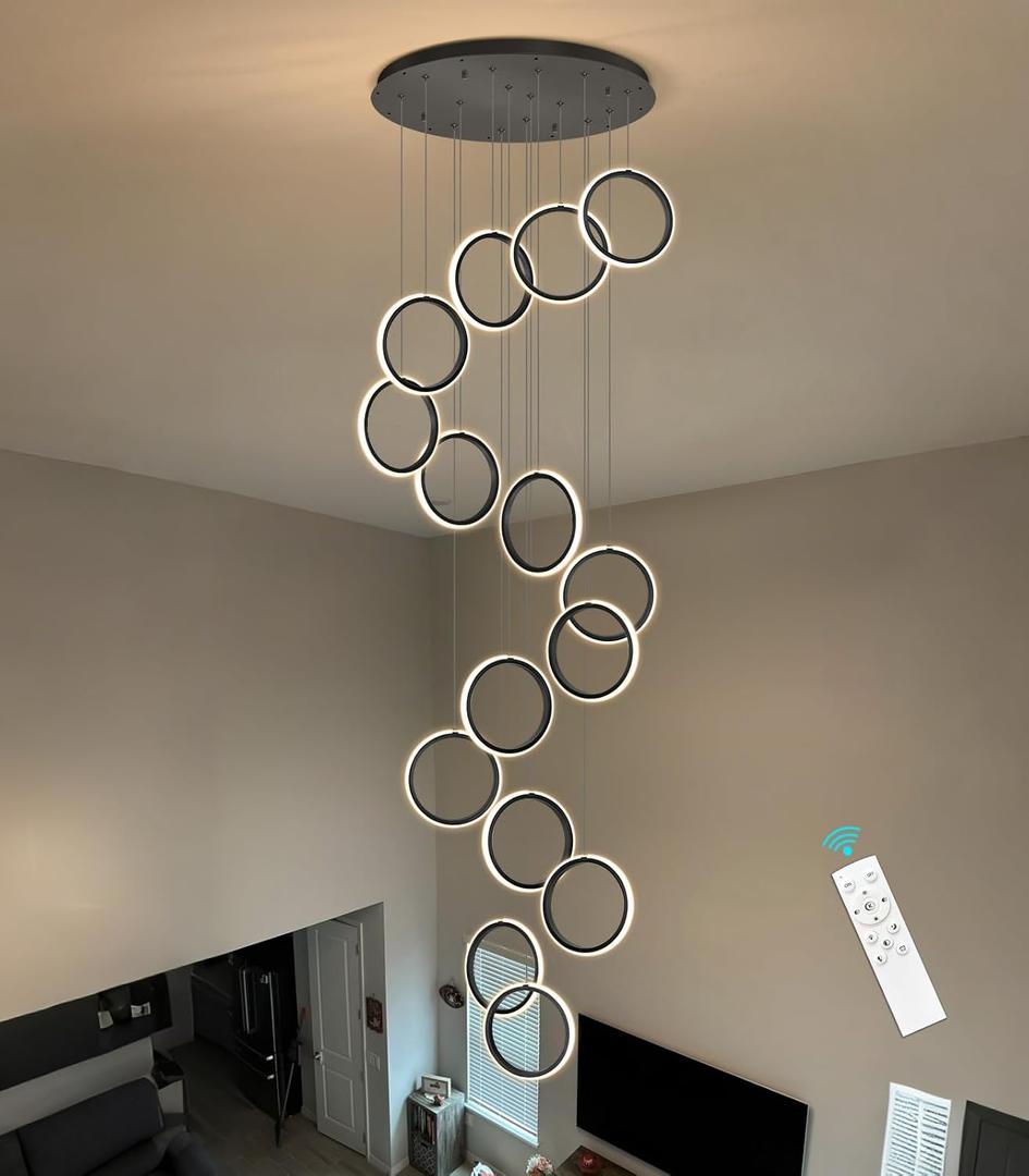 15 Rings High Ceiling Chandelier Modern Dimmable LED Pendant Light Luxury Staircase Chandeliers with Remote for Living Room Foyer Entrance Black