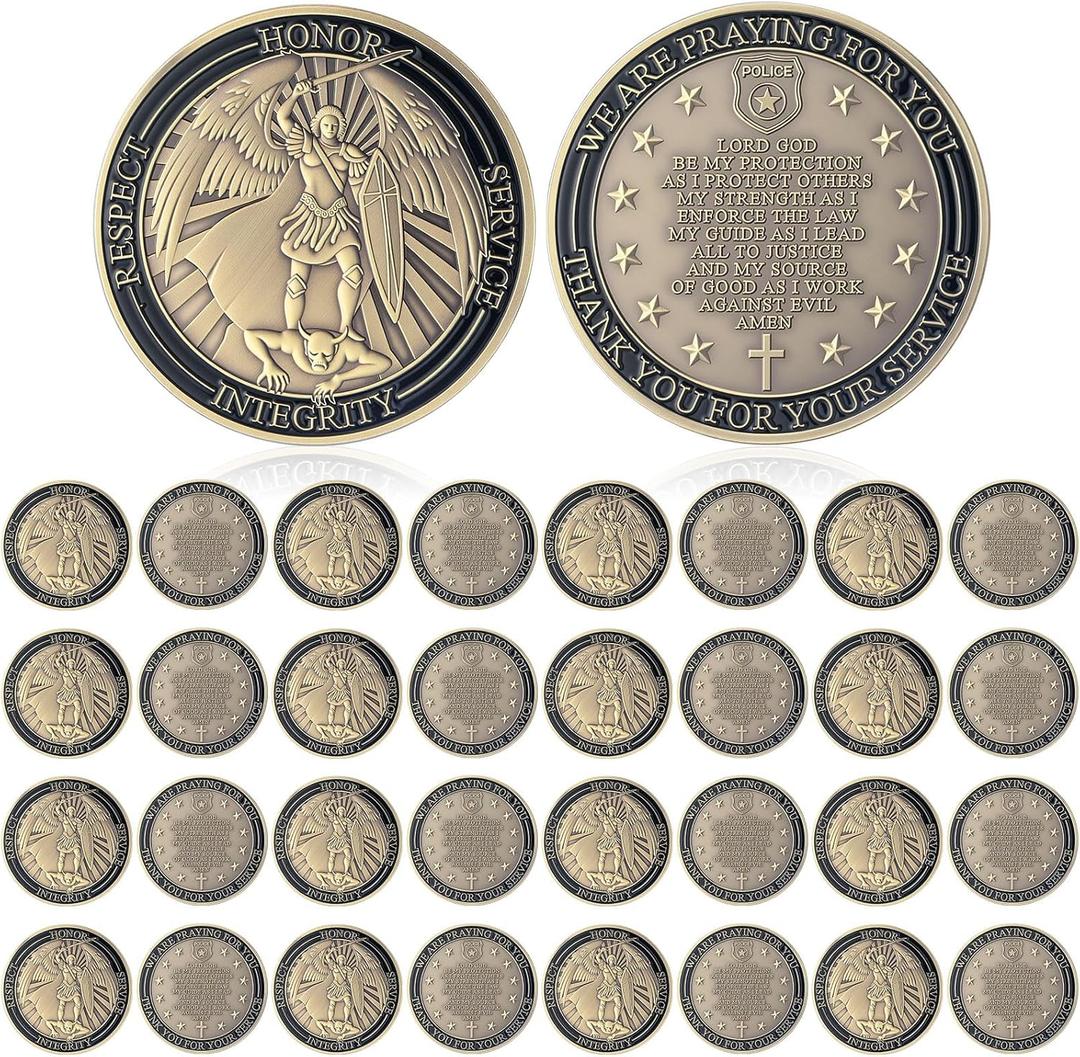 Quelay 40 Pcs Police Challenge Coins Saint Michael Law Enforcement Challenge Coins Bulk Police Officers Bless Prayer Patron Saint Coin Polices Gifts for Men Women Veterans(We are Praying for You)