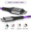 USB C to C 6ft 60W 3A Fast Charging LED Cable for iPhone 15/15 Pro/15 Plus/15 Pro Max/iPad Pro 2022/Air, Samsung S23 (Purple)