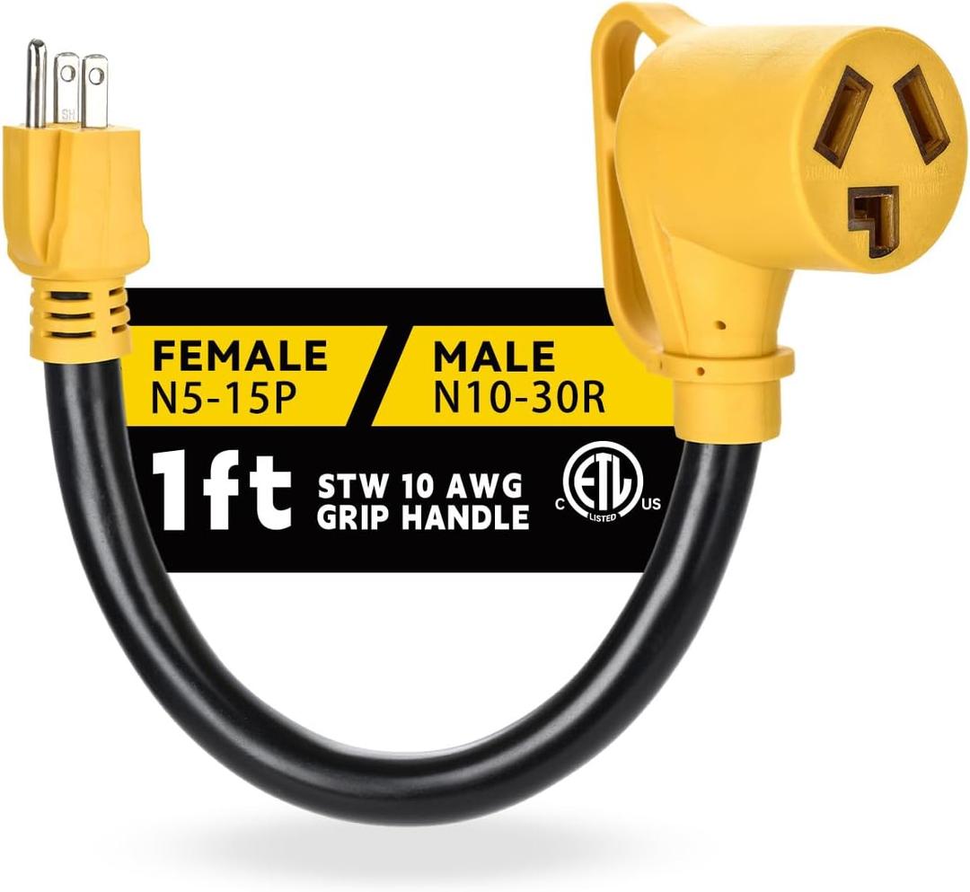 Dryer Adapter Cord, NEMA 5-15P Male to 10-30R Female Power Adapter, Heavy Duty STW 10 Gauge Only for 15 Amp 120V Dryer, 12Inch, ETL ListedYellow