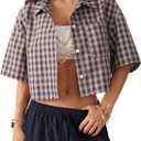 SOLY HUX Women's Button Down Vintage Plaid Shirts Short Sleeve Crop Blouses Preppy Clothes (Large, Coffee Brown Gingham)