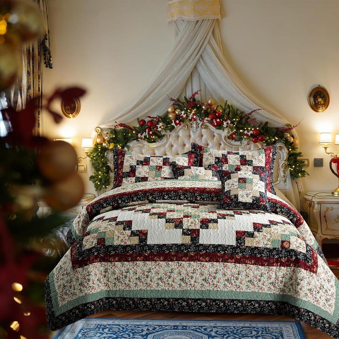 Genuine Patchwork Quilt King Size100% Cotton Soft Bedspread Reversible Vintage Plaid Red Floral Coverlet Bedding Sets 3 Piece