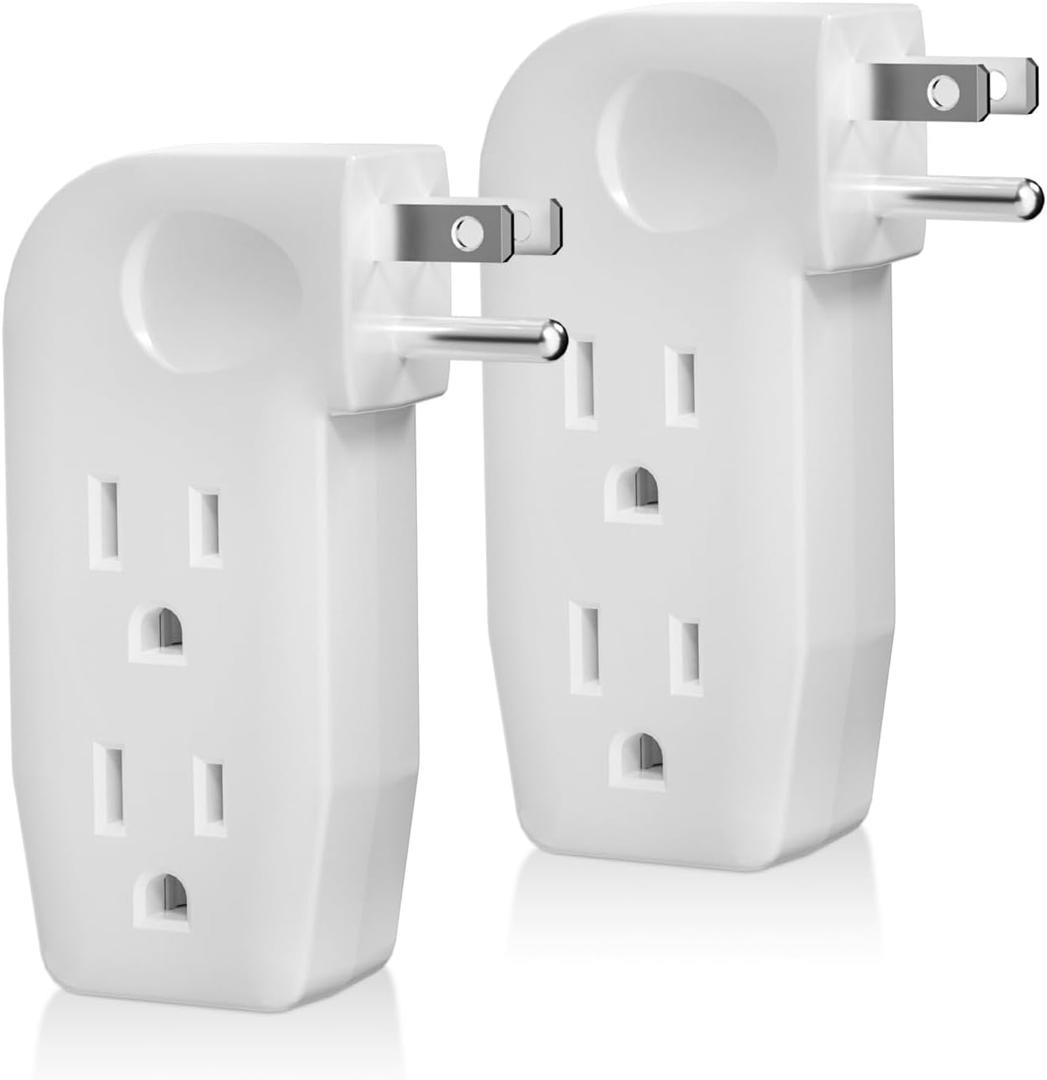 oviitech 3 Way Outlet Vertical Wall Tap Splitter Adapter with 3 Prong Plug for Behind Furniture, Hard Plastic,UL Listed,2PK (white/2PK)