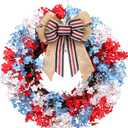 RoseCraft 22inch 4th of July Wreath, Artificial Red White Blue Patriotic Bow Wreaths for Front Door, Memorial Day Independence Day Veterans Day Decor, for Wall Porch Indoor Outdoor Decorations.