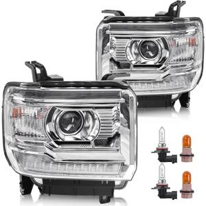 Headlight Assembly with LED DRL Compatible with GMC Sierra 2014-2018 1500 | 2015-2019 2500HD/3500HD Base/Denali/SLE/SLT, Headlamp Replacement with LED DRL, with Bulbs, Chrome Housing White Reflector