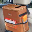 HOTOR Brown Car Trash Can with Adjustable Strap, Magnetic Snaps, Waterproof Lining, and Storage Pocket (2 Gallons)