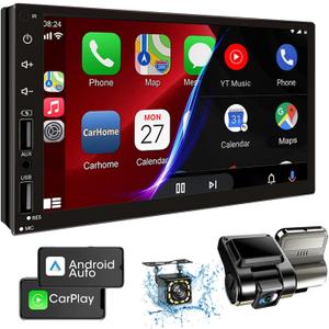 Leadfan Double Din Car Stereo with Dash Cam, Support Apple Carplay and Android Auto, 7INCuH Fll HD Touchscreen Car Audio Receivers Double Din Radio with Bluetooth, Camera, FM/2 USB/AUX/Subwoofer/SWC