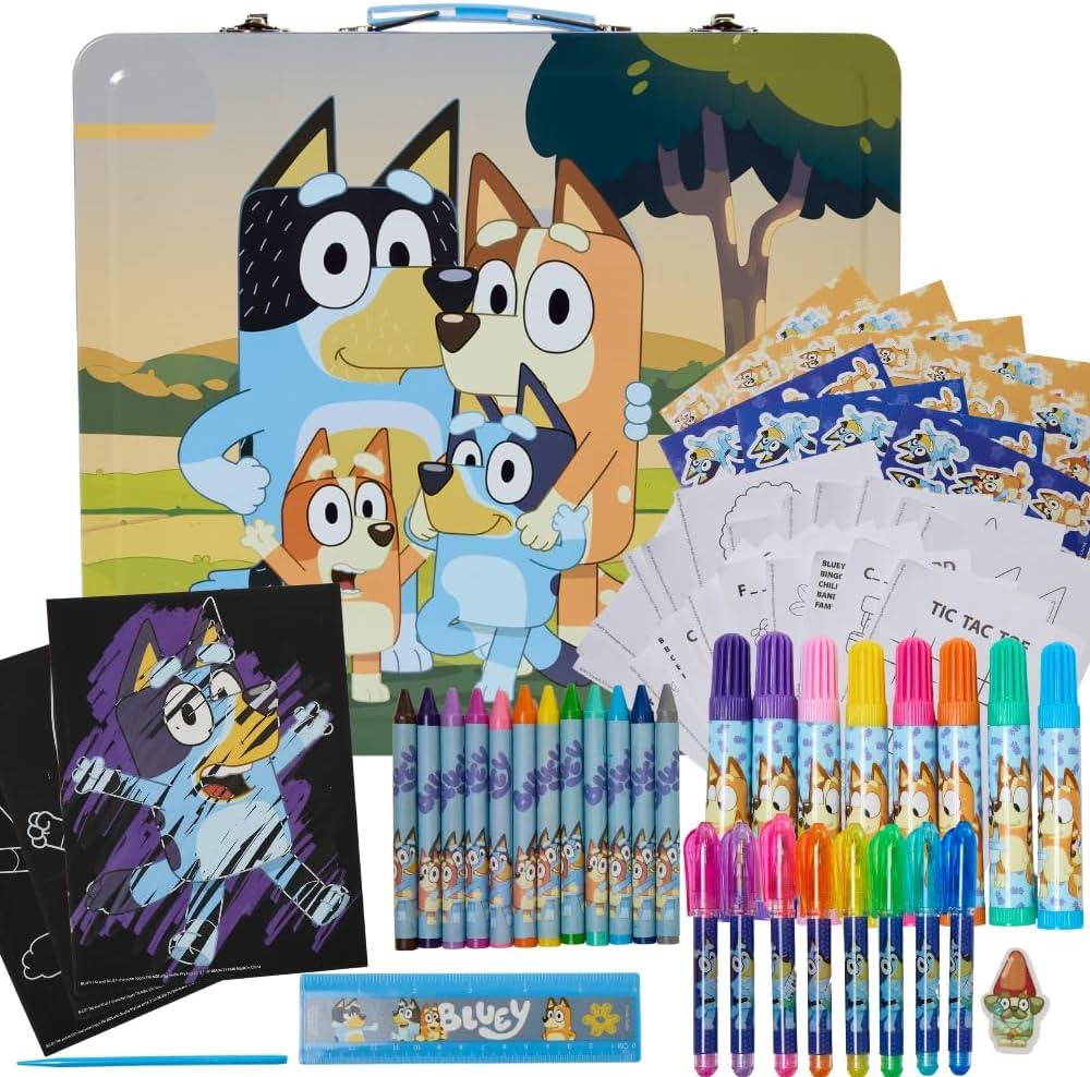 Innovative Designs Bluey Deluxe Activity Set with Carrying Tin, Coloring Sheets, Stickers, Scratch Art Sheets, & Art Supplies