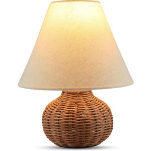 11" Small Mini Wicker Table Lamp, Dimmable Rattan Bamboo Lamp with Off-White Fabric Shade, Boho Accent Light for Nightstand, Nursery, Small Spaces, Kitchen Counter, Bookshelf