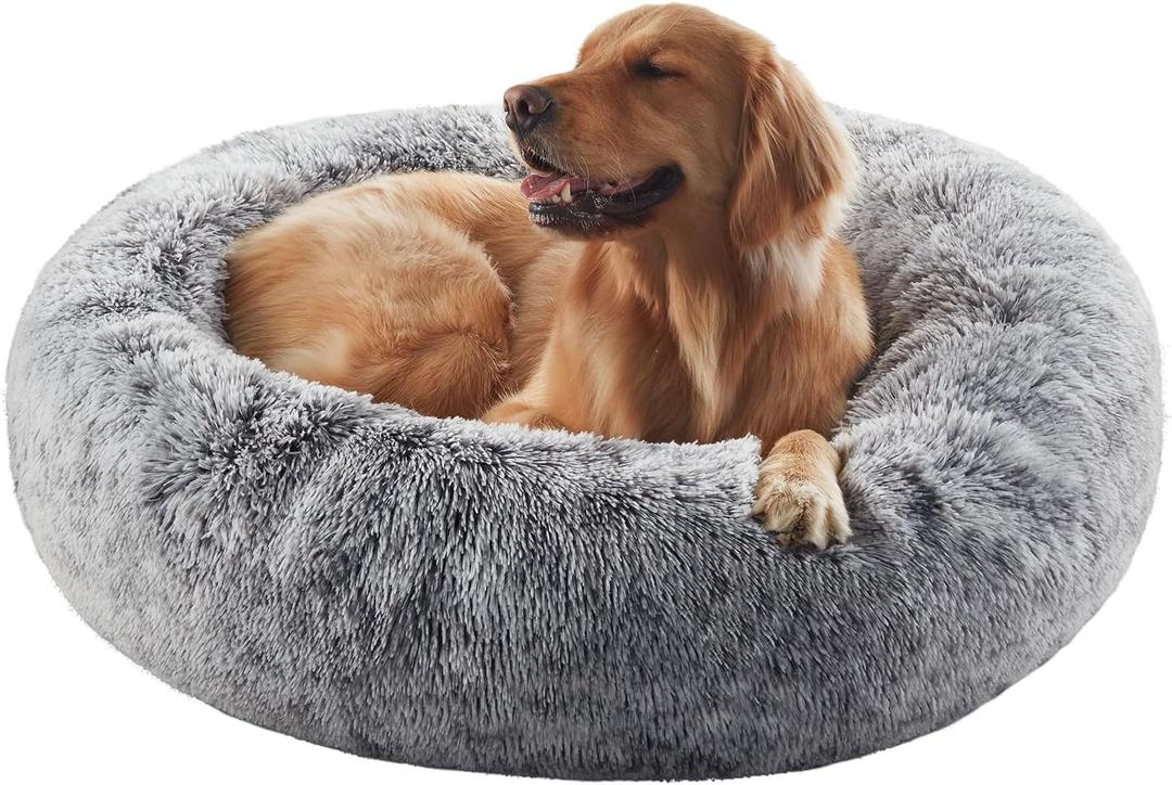 36 inches Donut Dog Bed for Large Dogs - Calming Fluffy Round Pet Bed with Removable & Washable Cover, Fits up to 80 lbs Pets (Dark Grey, Large)