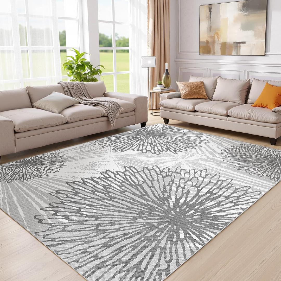 WITSHOCK 9x12 Washable Rug for Living Room,Modern Floral Distress Print Pattern Area Rugs,Stain Resistant with Non Slip Backing Carpet for Dining Room,Bedroom & Home Decor,Grey White
