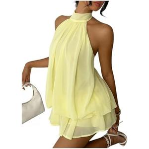 Verdusa Women's Chiffon Halter Drop Waist Wedding Guest Dresses Ruffle Summer Loose Fit Mini Dress Brunch Outfits, S, Apricot