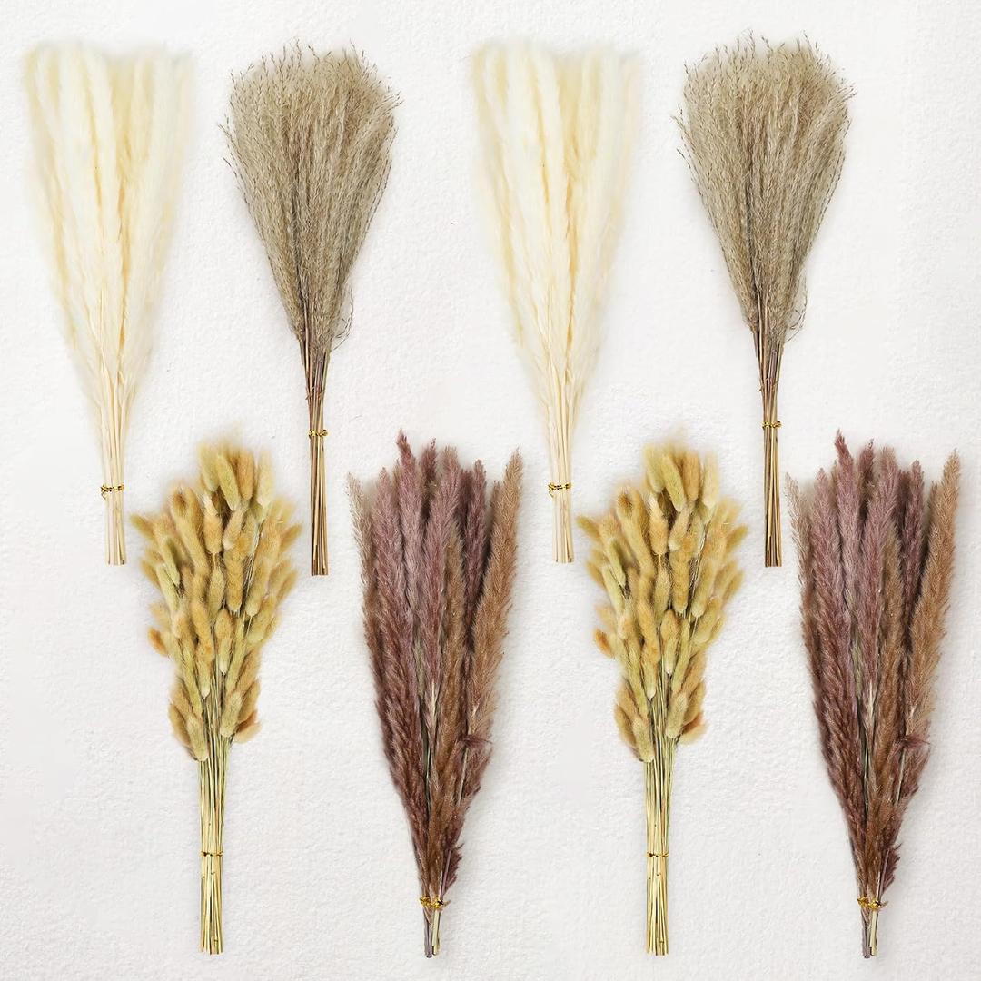 Le courant 17" 200Pcs Dried Pampas Grass Decor, Naturally Small Boho Pampas Grass with Bunny Tails & Reed Grass for Home Table Decor, Wedding, Rustic Farmhouse Party Decorations, White and Brown