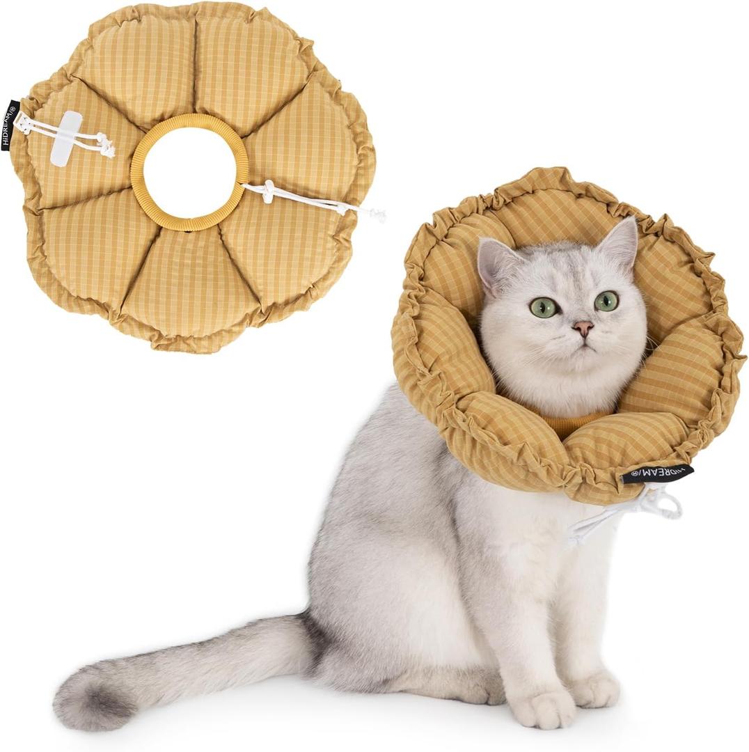 H HIDREAM Soft Cat Cone Collar Cute Adjustable Cat Recovery CollarElizabethan e Collar that can Protect Head and Foot WoundsDaisy Yellow All-Season Style (Beige) L
